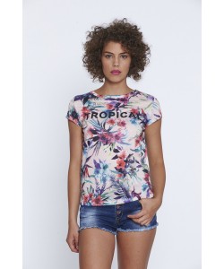 Tropikalny t-shirt letni WPO-8363 łosoś i kwiaty